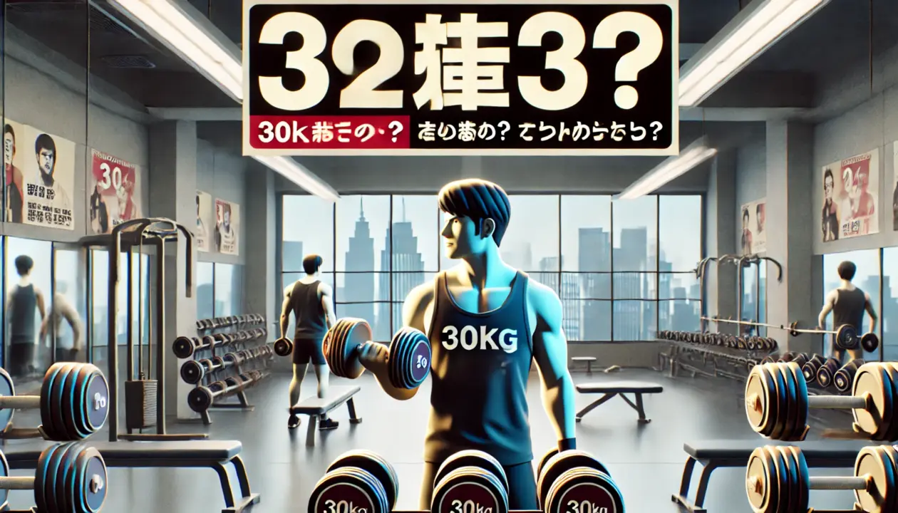 「30kgのダンベルを挙げる男性と『30kgはすごい？』の日本語テキストが映る、明るいジム風景」

