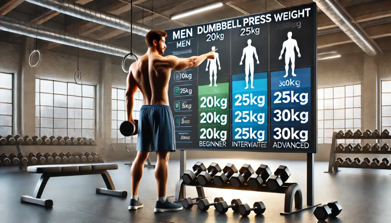 「ジム内に掲示されたダンベル重量チャートと、20kg・25kg・30kgに“Beginner”、“Intermediate”、“Advanced”と表示されるイラスト」

