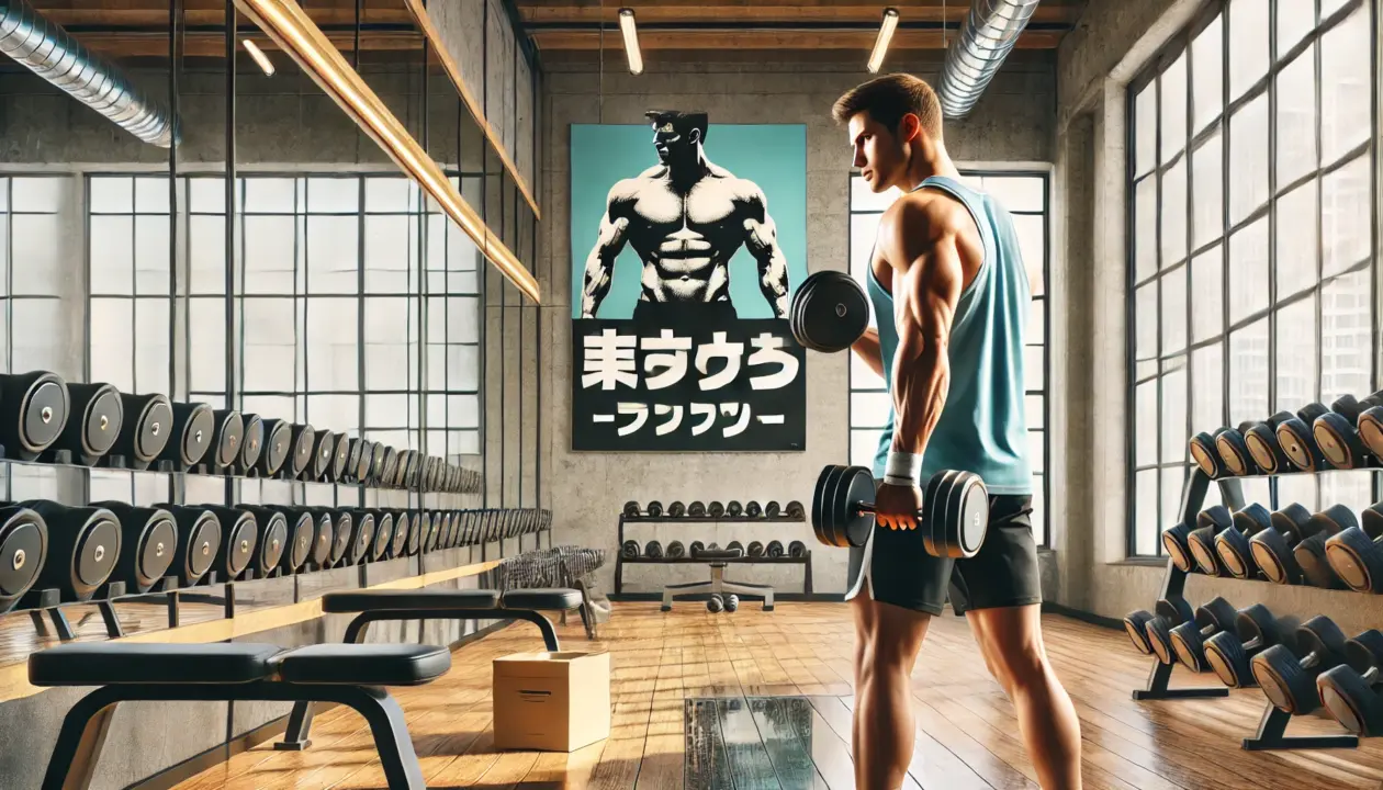 「重めのダンベルでトレーニングする男性と、『見た目を変えるための重さ』という日本語ポスターが背景にあるジムシーン」

