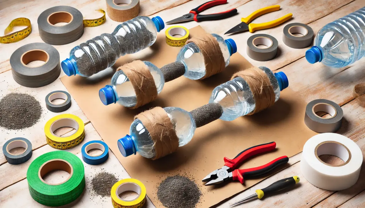 「テーブルの上に並べられた自作ダンベル(ペットボトル・砂・ガムテープ使用)と、DIY道具が配置された段階的な作業風景」