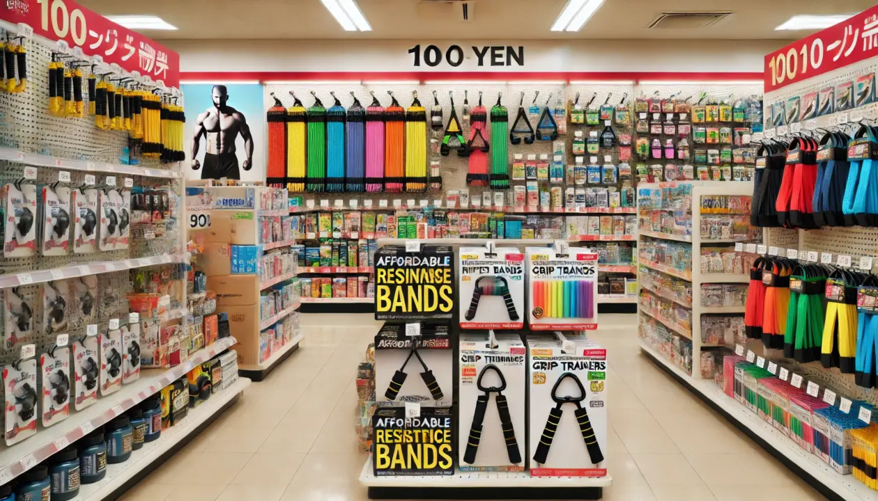 「100円ショップ店内に並ぶトレーニング用具、チューブ・グリップ・手軽な筋トレ器具が陳列された棚の風景」